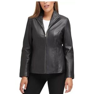 Vintage JLC Newyork Leather Women's Fully Lined Wing Collar Black coat size XL